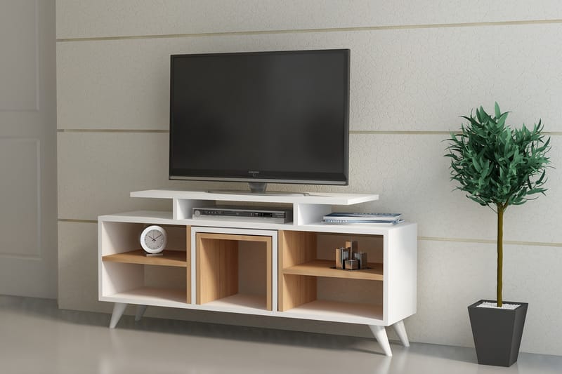 Sqandie Tv-bänk 120 cm - Vit/Teak - Möbler - Tv möbel & mediamöbel - TV bänk & mediabänk
