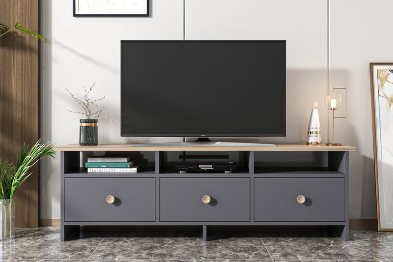 Tv-bänk 150 cm 3 Skåp 3 Hyllor - Antracit/Natur - Möbler - Tv möbel & mediamöbel - TV bänk & mediabänk
