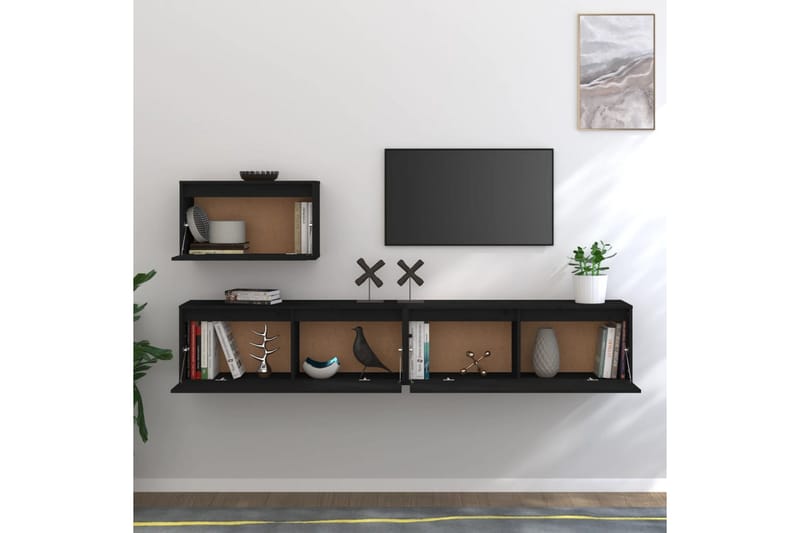 Tv-bänk 3 delar svart massiv furu - Svart - Möbler - Tv möbel & mediamöbel - TV bänk & mediabänk
