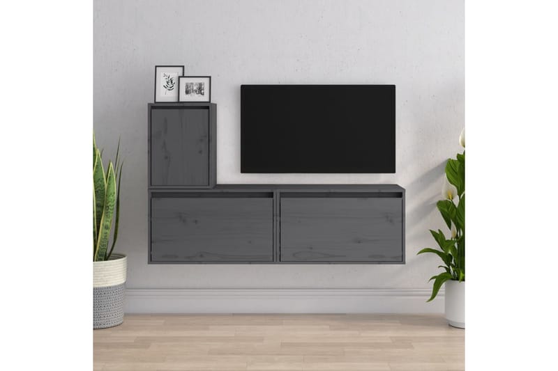 Tv-bänk 3 st grå massiv furu - Grå - Möbler - Tv möbel & mediamöbel - TV bänk & mediabänk