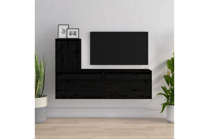 Tv-bänk 3 st svart massiv furu - Svart - Möbler - Tv möbel & mediamöbel - TV bänk & mediabänk