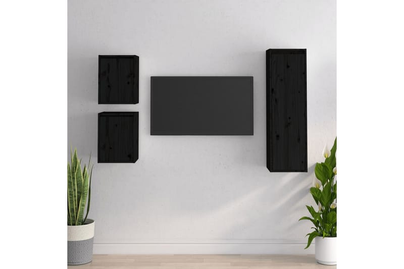 Tv-bänk 3 st svart massiv furu - Svart - Möbler - Tv möbel & mediamöbel - TV bänk & mediabänk