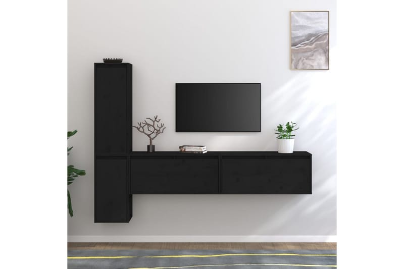 Tv-bänk 4 delar svart massiv furu - Svart - Möbler - Tv möbel & mediamöbel - TV bänk & mediabänk