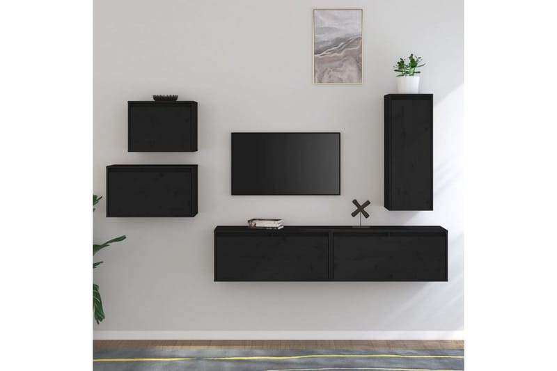 Tv-bänk 5 st svart massiv furu - Svart - Möbler - Tv möbel & mediamöbel - TV bänk & mediabänk