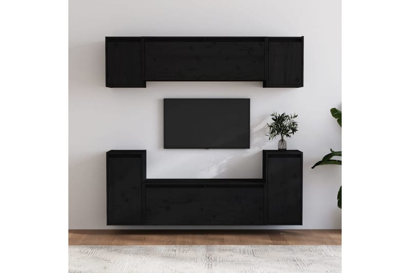 Tv-bänk 6 delar svart massiv furu - Svart - Möbler - Tv möbel & mediamöbel - TV bänk & mediabänk