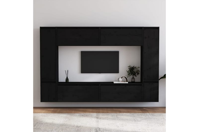 Tv-bänk 8 delar svart massiv furu - Svart - Möbler - Tv möbel & mediamöbel - TV bänk & mediabänk