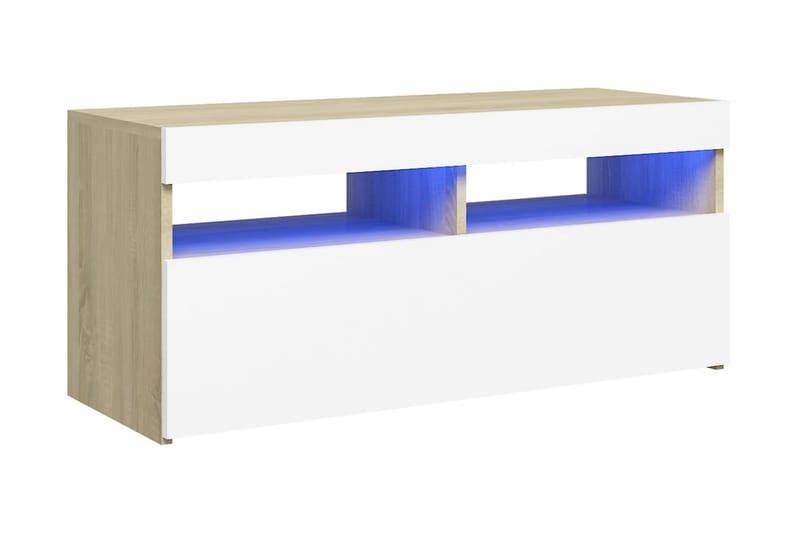 TV-bänk med LED-belysning vit och sonoma-ek 90x35x40 cm - Vit - Möbler - Tv möbel & mediamöbel - TV bänk & mediabänk