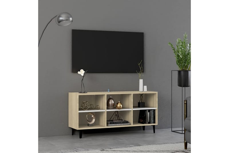 TV-bänk med metallben vit och sonoma-ek 103,5x30x50 cm - Vit - Möbler - Tv-möbler & mediamöbler - TV-bänk & mediabänk