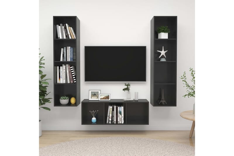 TV-skåp 3 st grå högglans spånskiva - Grå - Möbler - Tv-möbler & mediamöbler - TV-bänk & mediabänk