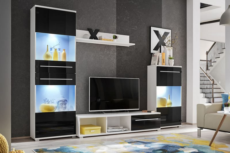 Väggsenhet med LED - Svart/vit - Möbler - Tv möbel & mediamöbel - TV-möbelset