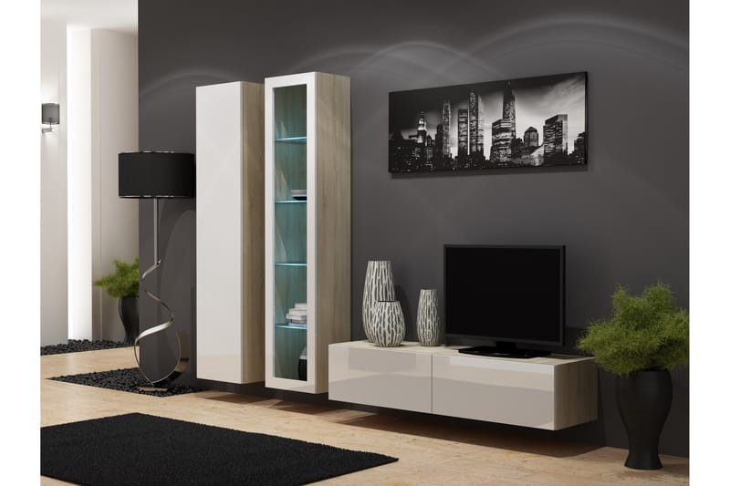 Vigia Tv-bänk 140x40x30 cm - Sonomaek/Vit Högglans - Möbler - Möbelset - Möbelset för vardagsrum