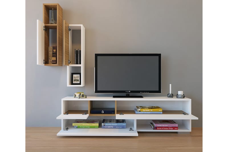Asillane Tv-bänk med Vägghyllor - Vit/Teak - Möbler - Bord & matgrupper - Avlastningsbord - Brickbord & småbord