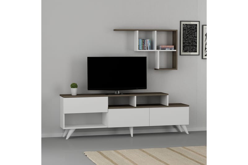 Balgat Tv-möbelset 150 cm 3 Dörrar + 9 Hyllor - Vit/Mörkbrun - Möbler - Tv-möbler & mediamöbler - TV-möbelset