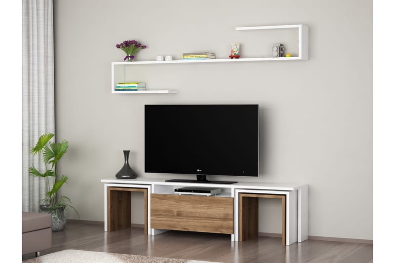 Ergene Tv-bänk med Vägghylla - Vit/Valnöt - Möbler - Tv möbel & mediamöbel - TV-möbelset