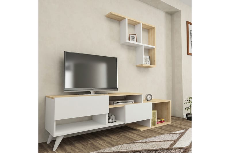 Fuhaymi Tv-möbelset 135 cm 2 Dörrar + 9 Hyllor - Vit/Blå/Natur - Möbler - Tv möbel & mediamöbel - TV-möbelset