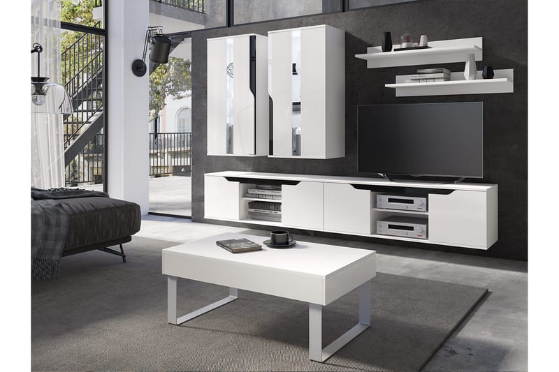 Lanco TV-möbelset - Vit Högglans|Blå Led-Belysning - Möbler - Tv möbel & mediamöbel - TV-möbelset