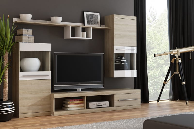 Nichla Tv-möbelset 220x41x190 cm - Glas/Vit Högglans/Matt Sonomaek - Möbler - Tv möbel & mediamöbel - TV-möbelset