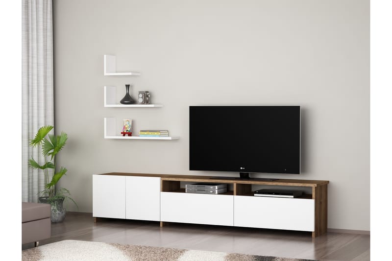 Winvar Tv-Bänk inkl 3 Hyllor - Vit/Valnöt - Möbler - Tv-möbler & mediamöbler - TV-bänk & mediabänk