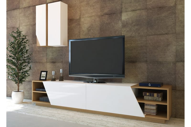 Zebrai Tv-Bänk med Dold Förvaring - Vit/Teak - Möbler - Tv möbel & mediamöbel - TV-möbelset