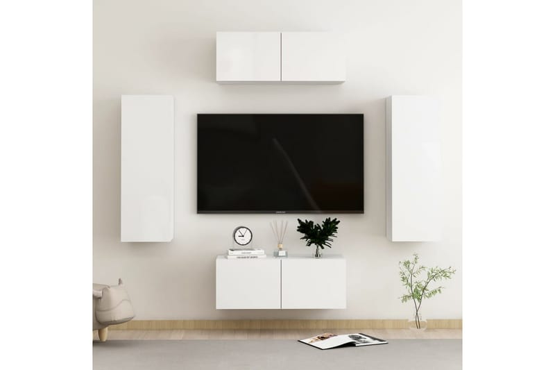 TV-skåp 4 delar vit högglans spånskiva - Vit - Möbler - Tv möbel & mediamöbel - TV skåp