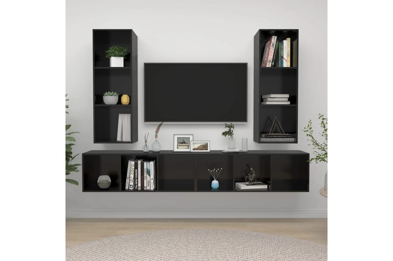 Väggmonterade tv-skåp 4 delar svart högglans spånskiva - Svart - Möbler - Tv möbel & mediamöbel - TV skåp