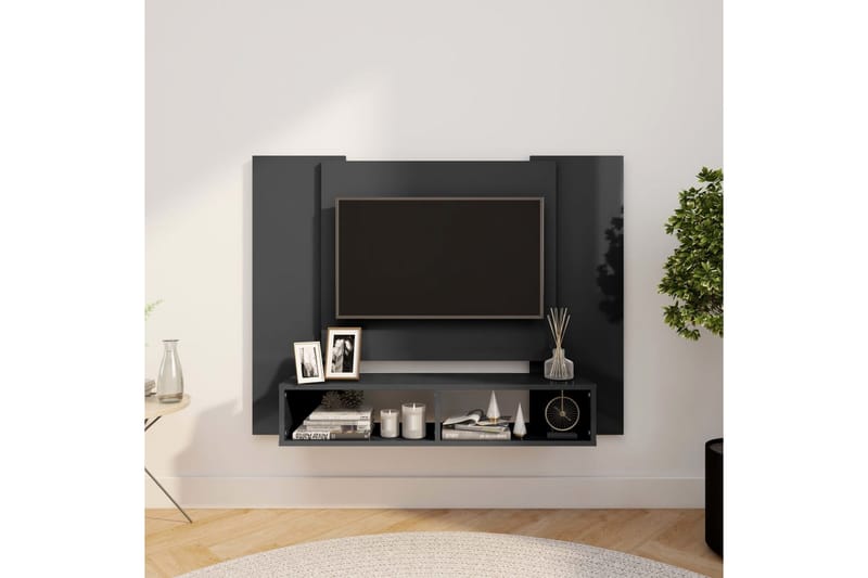 Väggmonterat tv-skåp grå högglans 120x23,5x90 cm spånskiva - Grå - Möbler - Tv möbel & mediamöbel - TV skåp