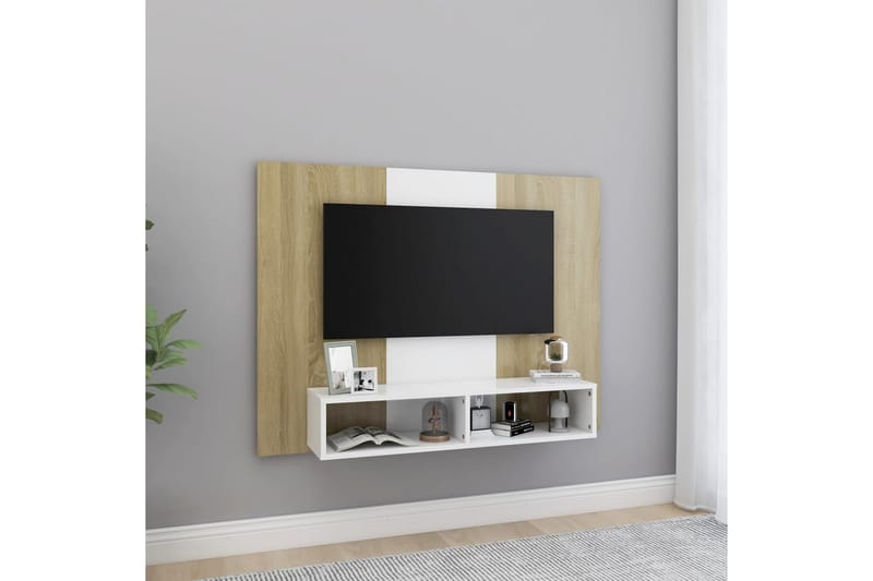Väggmonterat tv-skåp vit och sonoma-ek 120x23,5x90 cm spånsk - Vit - Möbler - Tv möbel & mediamöbel - TV skåp