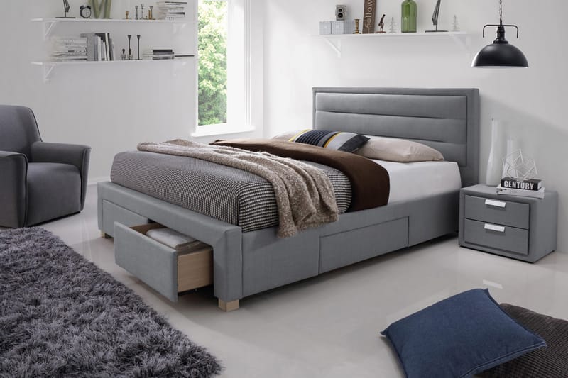 Förvaringssäng160x200 cm - Grå/Trä/Natur - Möbler - Sängar - Sängar med förvaring - Dubbelsäng med förvaring