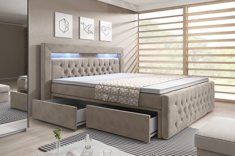 Franco Sängpaket med förvaring LED-belysning 160x200 cm - 160x200 Beige (+Fler val) - Möbler - Säng - Sängar med förvaring