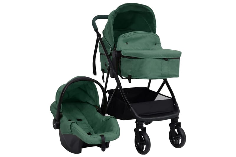 Barnvagn 3-i-1 grön och svart stål - Grön - Sport & fritid - För barn - Barnvagn - Duovagn & Kombivagn