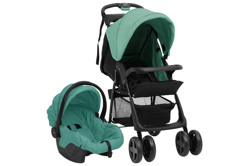 Barnvagn 3-i-1 grön och svart stål - Grön - Sport & fritid - För barn - Barnvagn - Syskonvagn
