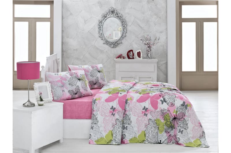 Victoria Överkast Enkelt 160x230 cm - Rosa/Vit/Grön/Svart - Textil - Sängkläder - Överkast - Överkast dubbelsäng