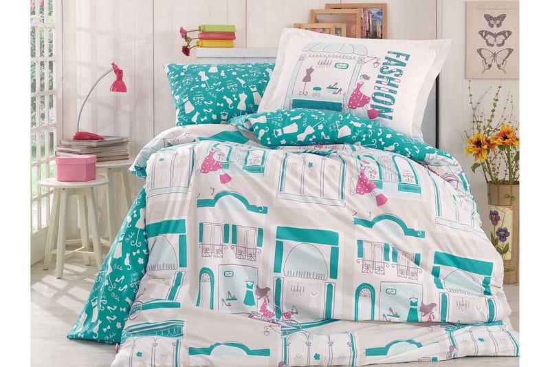 Hobby Bäddset Enkelt 3-dels Poplin - Turkos/Vit/Rosa - Textil & mattor - Sängkläder - Bäddset & påslakanset - Påslakanset dubbelsäng