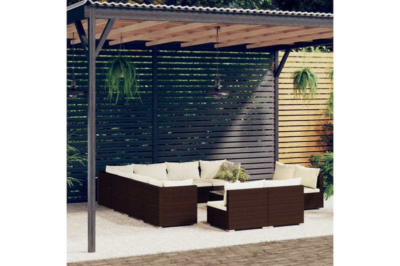 Loungegrupp för trädgården m. dynor 12 delar brun konstrotti - Brun/Vit - Utemöbler - Loungemöbler - Loungegrupper & Loungeset