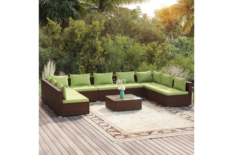 Loungegrupp för trädgården med dynor 10 delar konstrotting b - Brun/Grön - Utemöbler - Loungemöbler - Loungegrupper & Loungeset