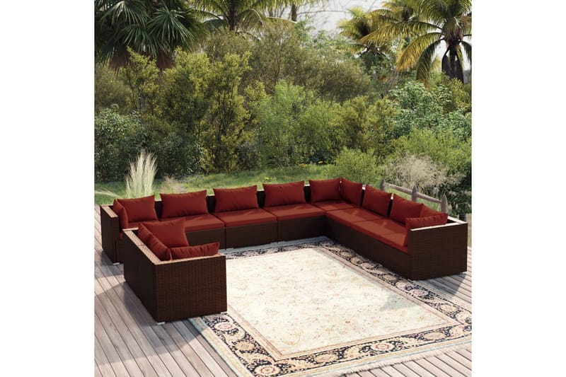 Loungegrupp för trädgården med dynor 10delar brun konstrotti - Brun/Röd - Utemöbler - Loungemöbler - Loungegrupp & Loungeset