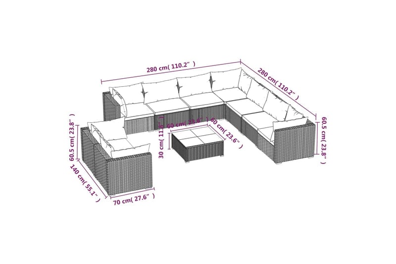 Loungegrupp för trädgården med dynor 10delar konstrotting sv - Svart - Utemöbler - Loungemöbler - Loungegrupper & Loungeset
