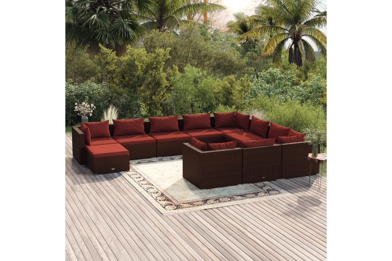 Loungegrupp för trädgården med dynor 11delar konstrotting br - Brun/Röd - Utemöbler - Loungemöbler - Loungegrupp & Loungeset