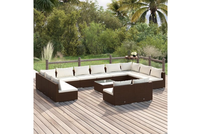 Loungegrupp för trädgården med dynor 13 delar brun konstrott - Brun/Vit - Utemöbler - Loungemöbler - Loungegrupper & Loungeset