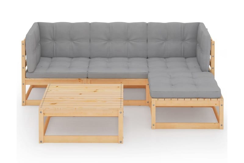 Loungegrupp med dynor 5 delar massiv furu - Grå - Utemöbler - Utebord & trädgårdsbord - Cafebord