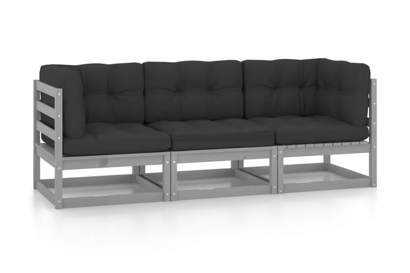 3-sitssoffa med dynor massiv furu - Grå - Utemöbler - Loungemöbler - Loungesoffor