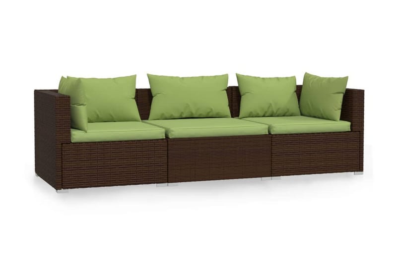 Soffa 3-sits med dynor brun konstrotting - Brun/Grön - Utemöbler - Loungemöbler - Loungesoffor