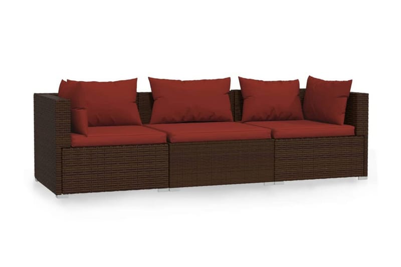 Soffa 3-sits med dynor konstrotting brun - Brun/Röd - Utemöbler - Loungemöbler - Loungesoffor