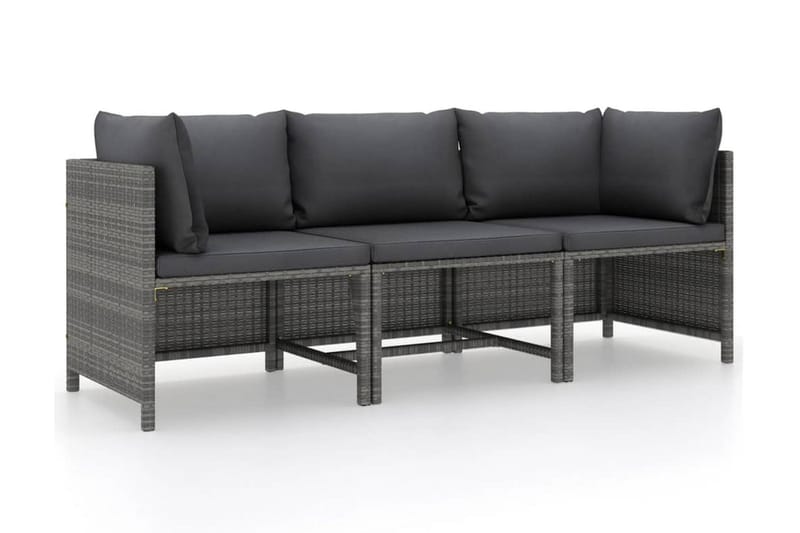Trädgårdssoffa 3-sits med dynor konstrotting grå - Grå - Utemöbler - Loungemöbler - Loungesoffa