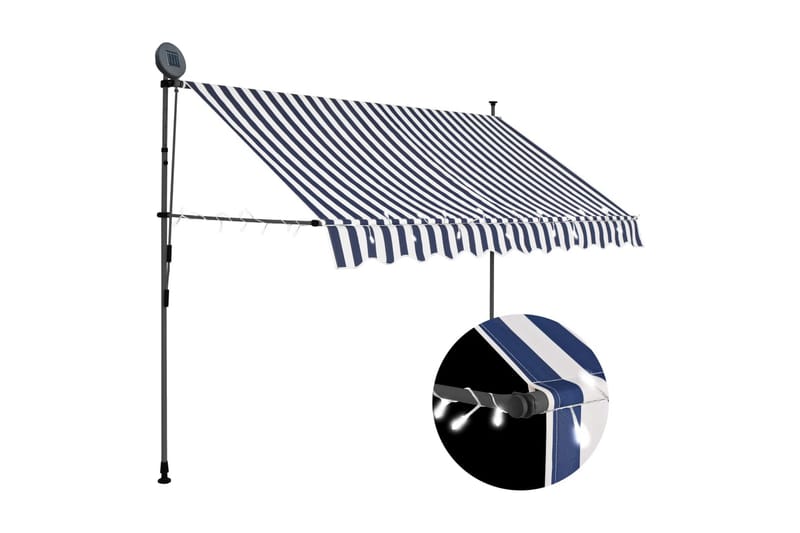 Markis manuellt infällbar med LED 300 cm blå och vit - Flerfärgad - Utemöbler - Solskydd - Markiser - Fönstermarkis