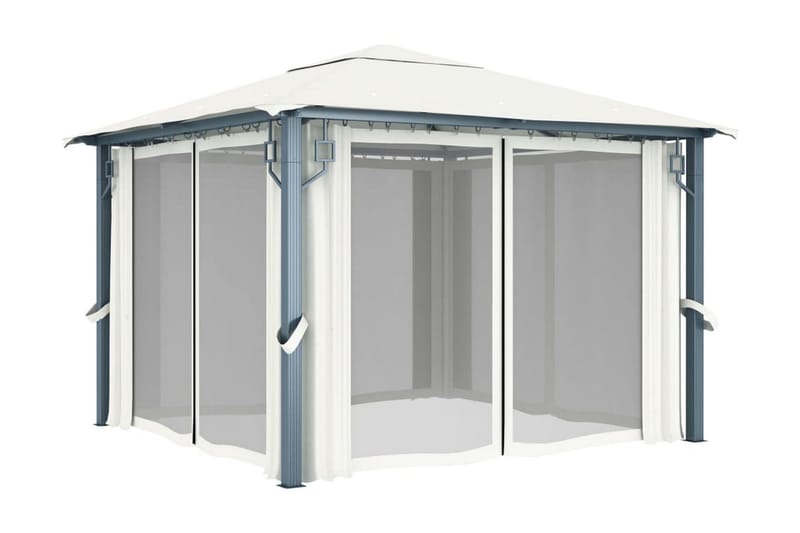 Paviljong med draperier 300x300 cm gräddvit aluminium - Vit - Utemöbler - Solskydd - Paviljong